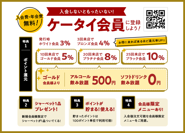 入会費・年会費無料のケータイ会員に登録しよう！ポイント還元特典！発行時3%、3回来店で4%、10回来店で5%、20回来店で8%、25回来店で10%還元。来るほど還元率UP！10回来店以降、ずっとアルコール飲み放題500円、ソフトドリンク飲み放題0円。他にも多数の特典あり！